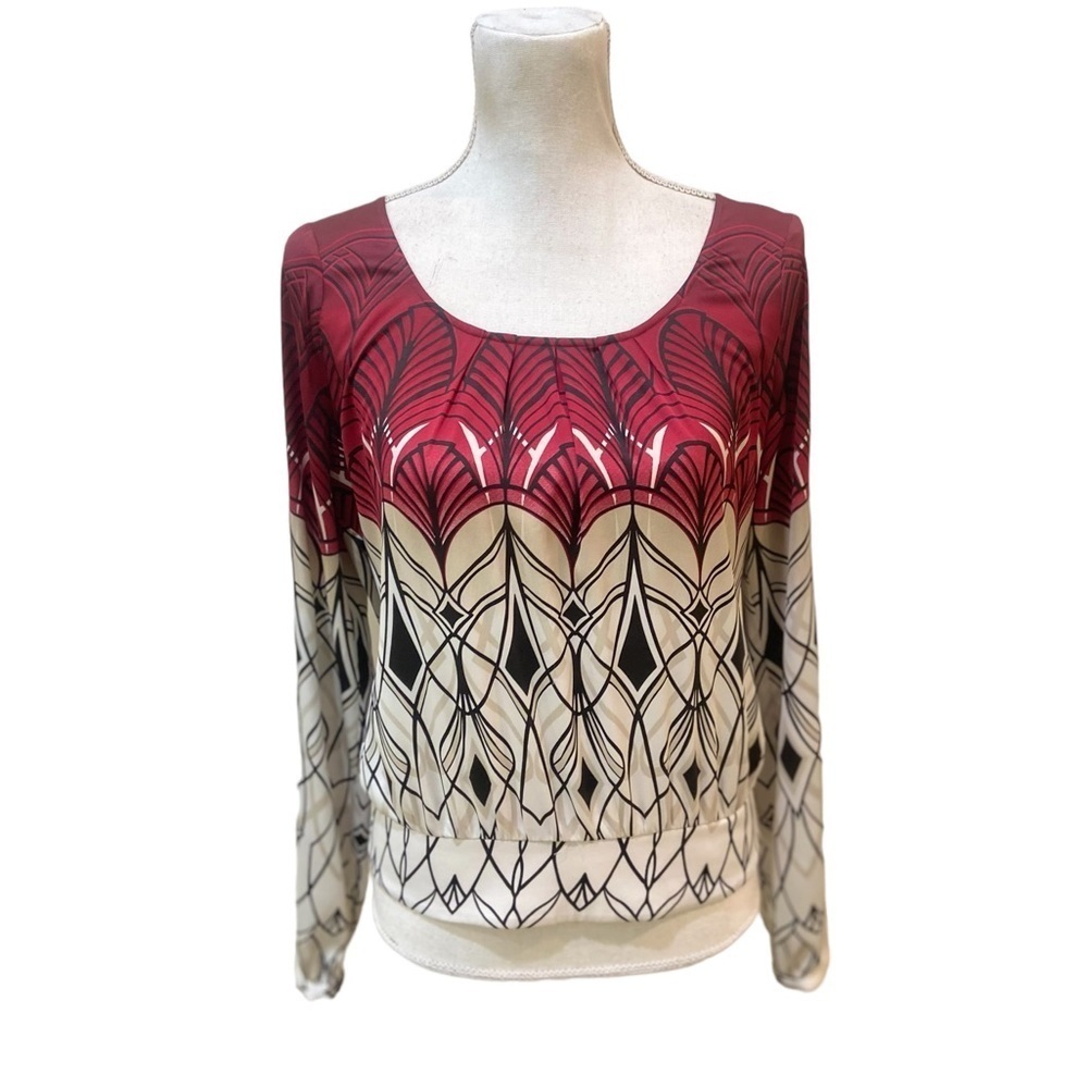 White House Black Market Red and Cream Blouse